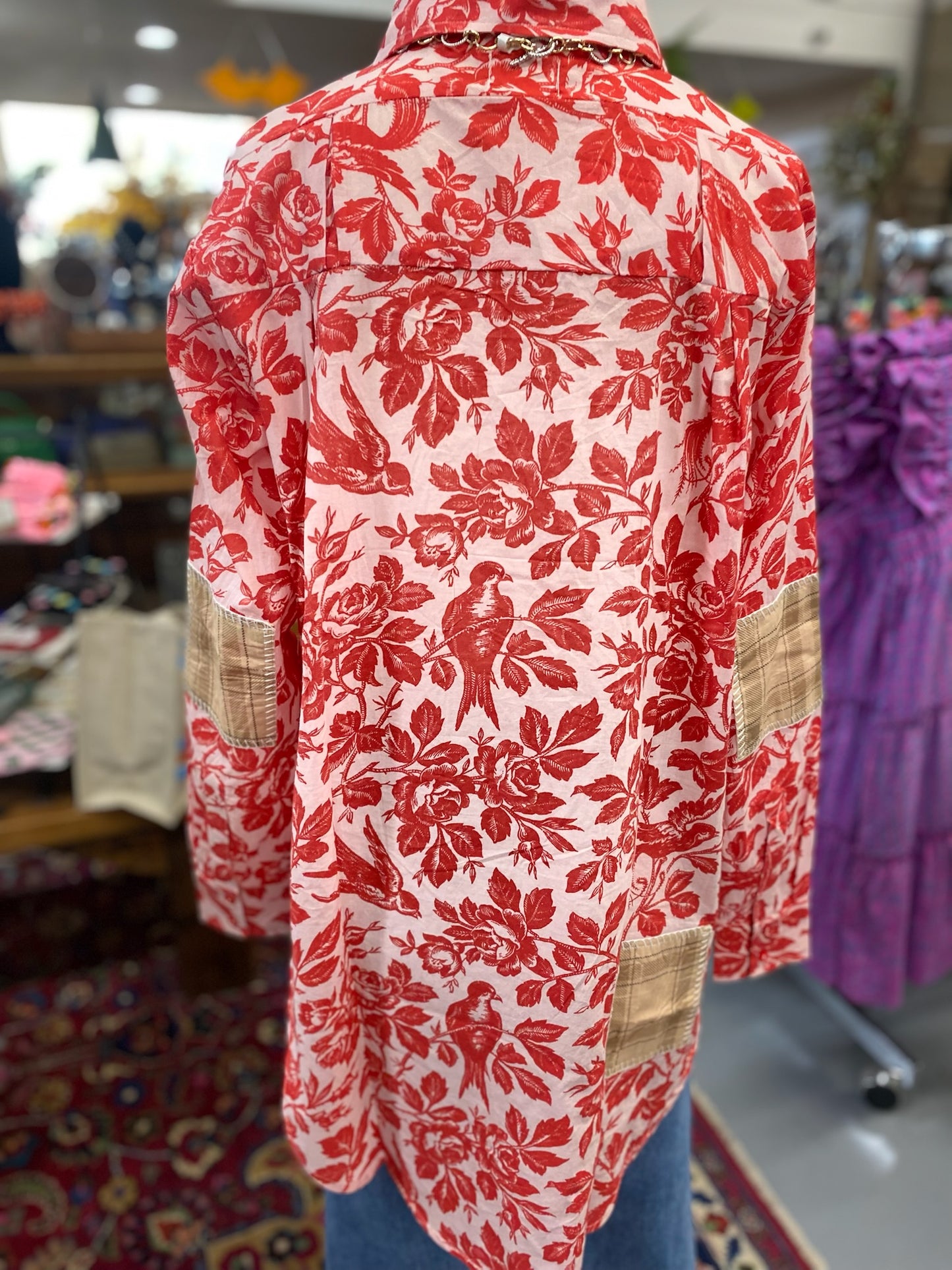 Karen Top in Red with Birds