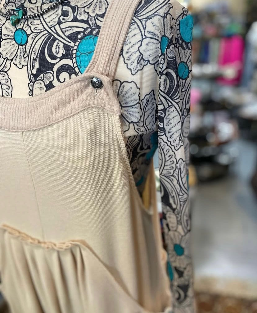 Ribbed Almond Color Overalls with Pockets
