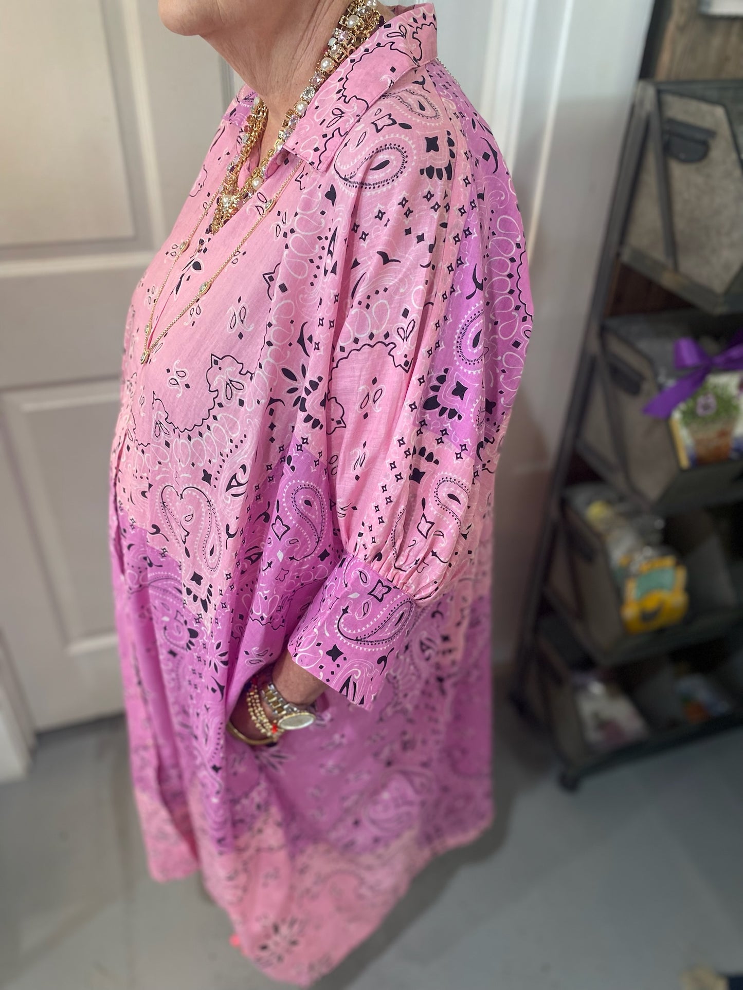 Bandana Print Dress in Pink with Pockets