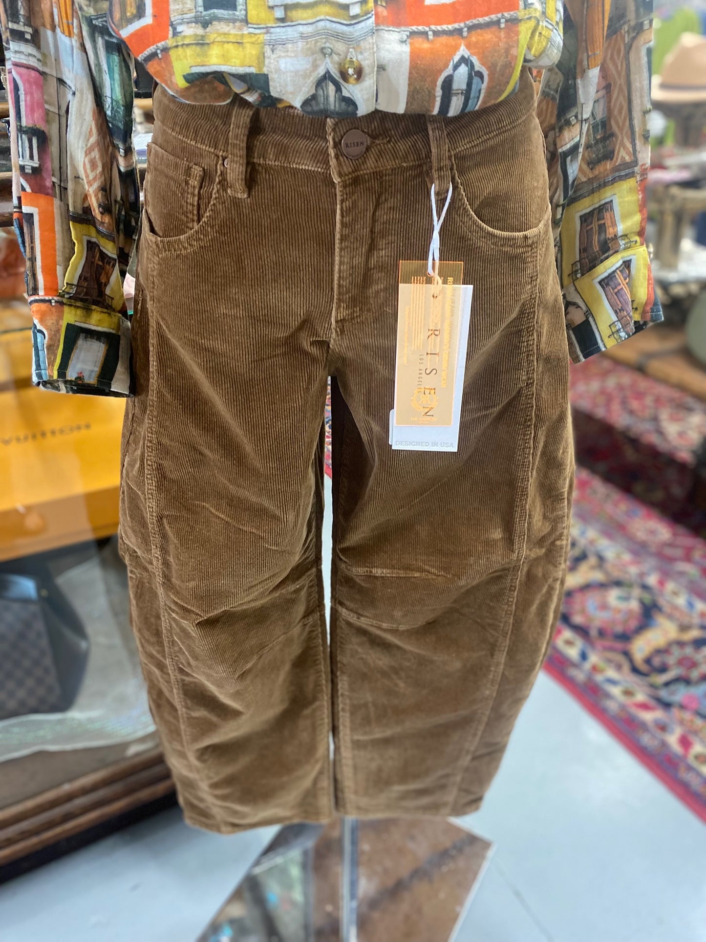 Risen Slouchy Ankle Barrel Corduroy Jeans in Brown