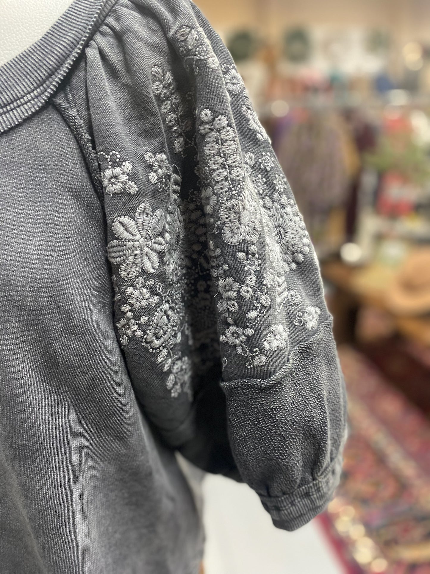 Knit Top in Charcoal with Embroidery Sleeves