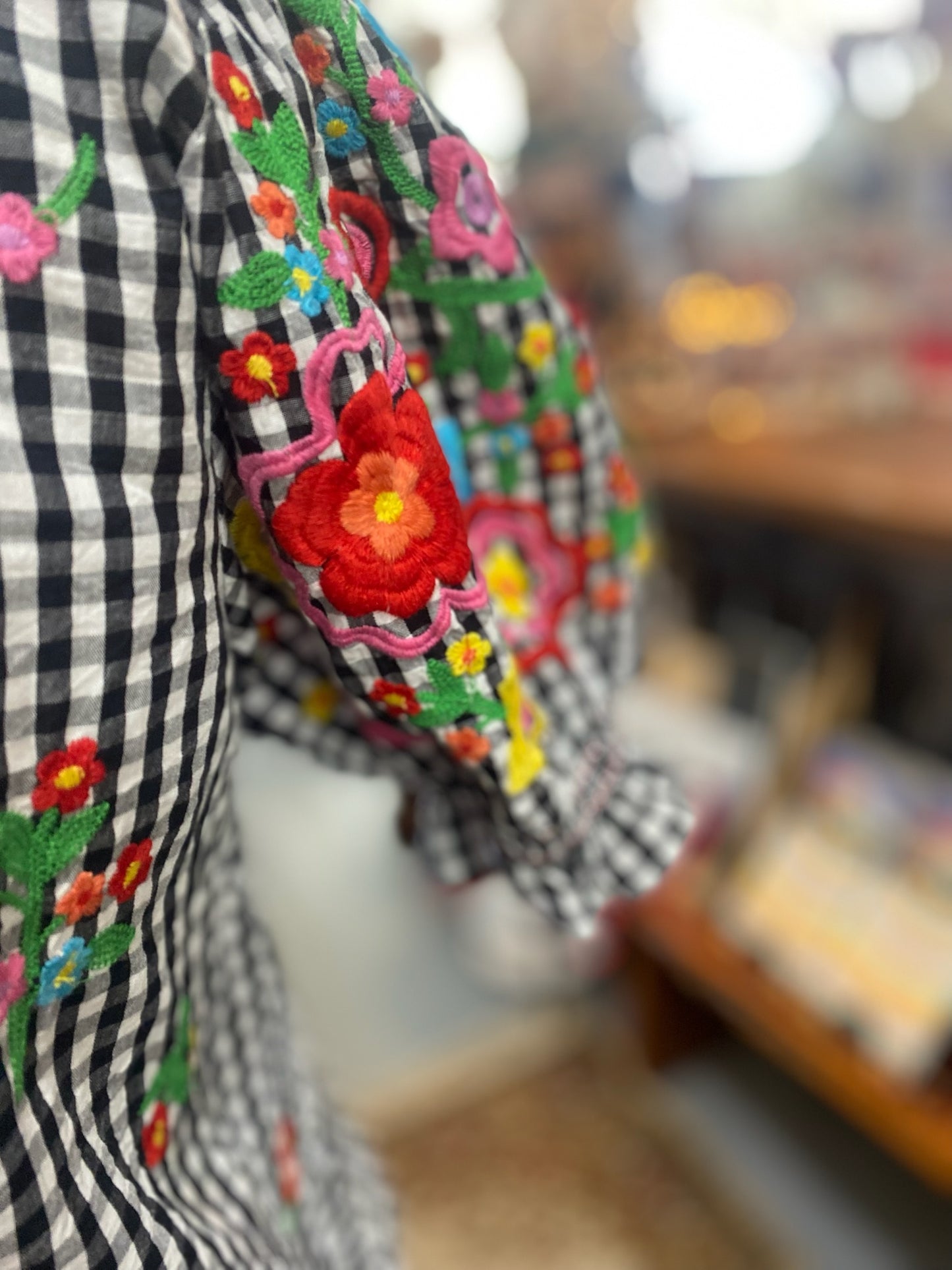 Gingham Garden Top with Embroidery