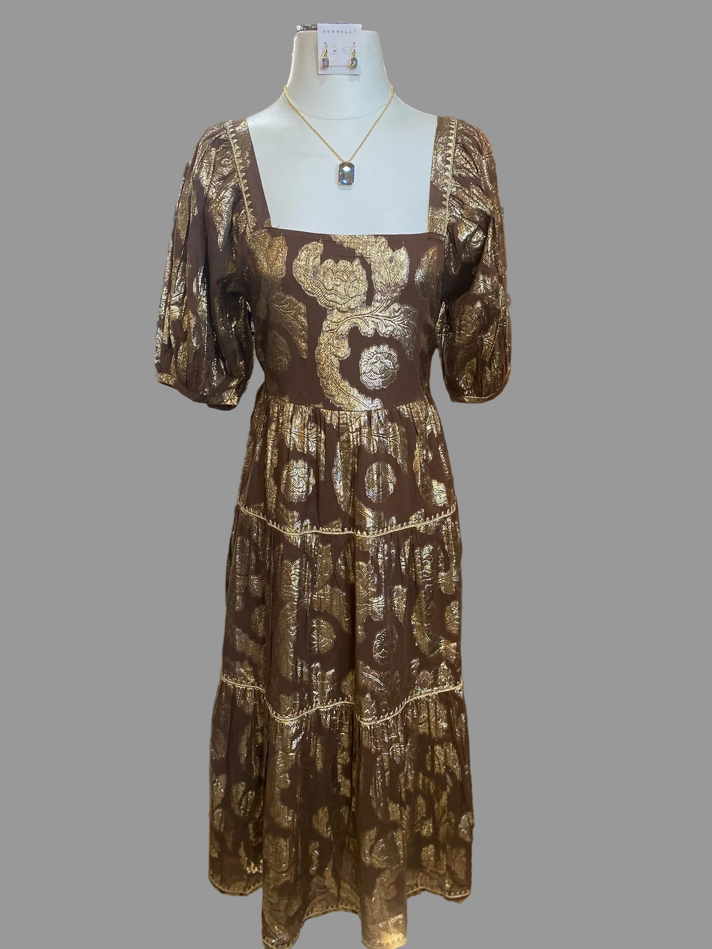 Metallic Roses Midi Dress with Pockets