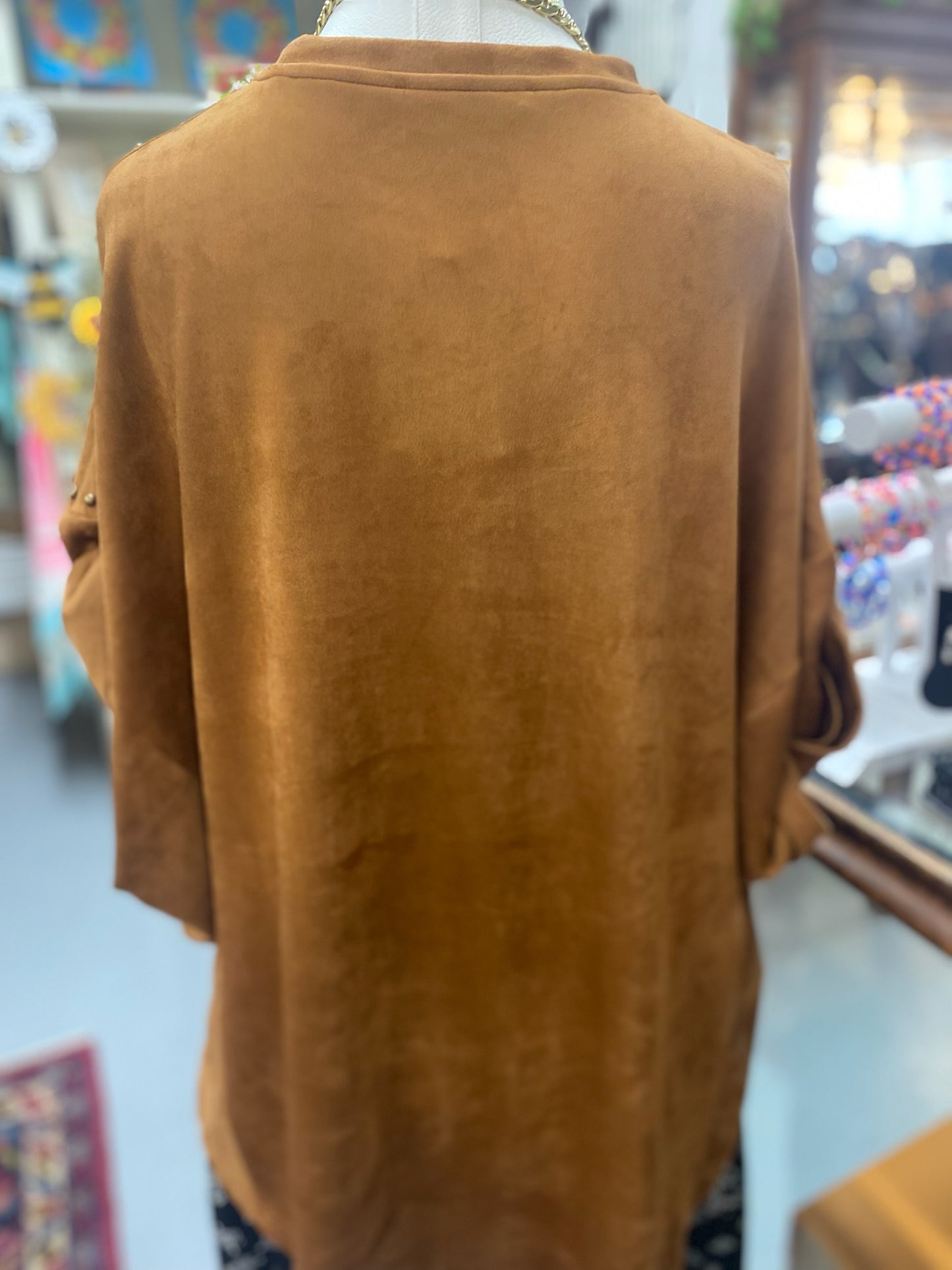 Studded High Low Suede oversized Top in camel