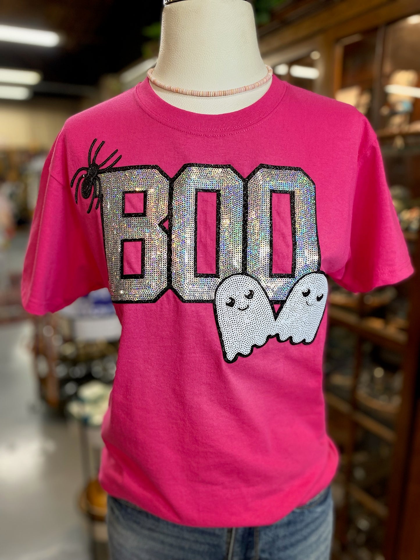 Sequin Boo with Spider and Ghosts Patch on Heliconia T-shirt .