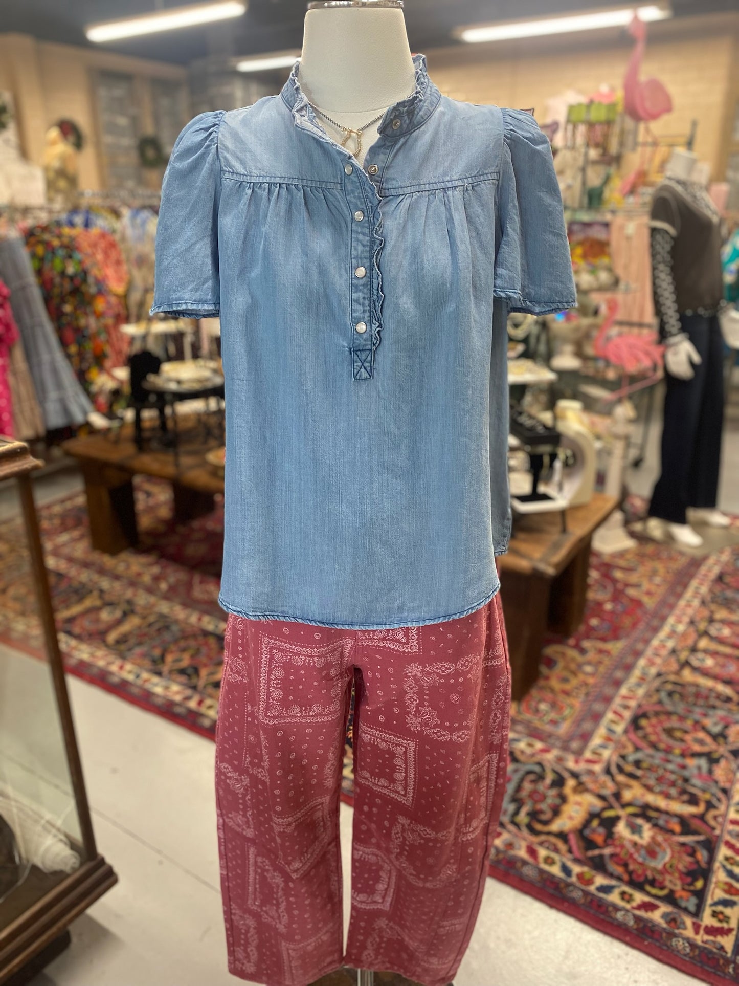 Bandana Print Denim Pants with button fly