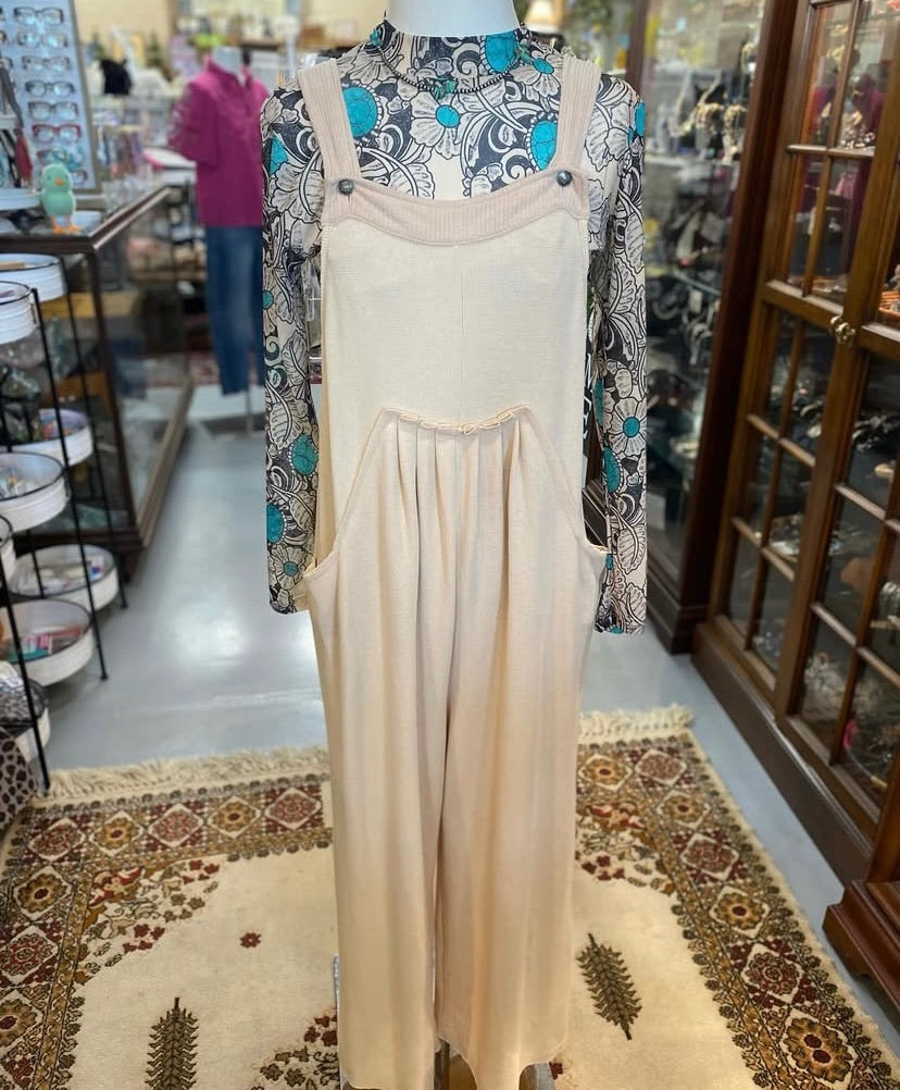 Ribbed Almond Color Overalls with Pockets