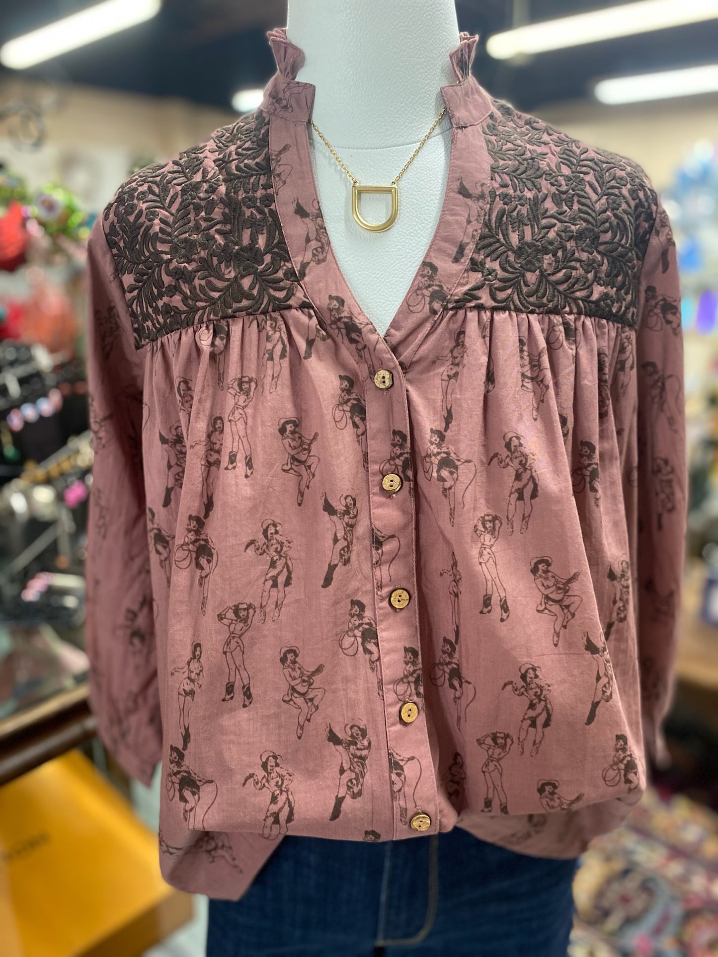 Janie Cowgirl Top in Brown with Wood Buttons