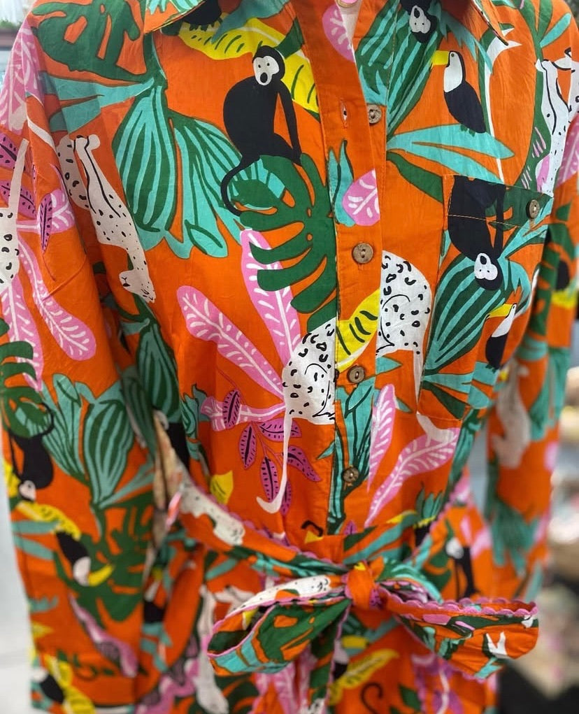 Tropical Shirt Style Romper with Pockets and removable belt