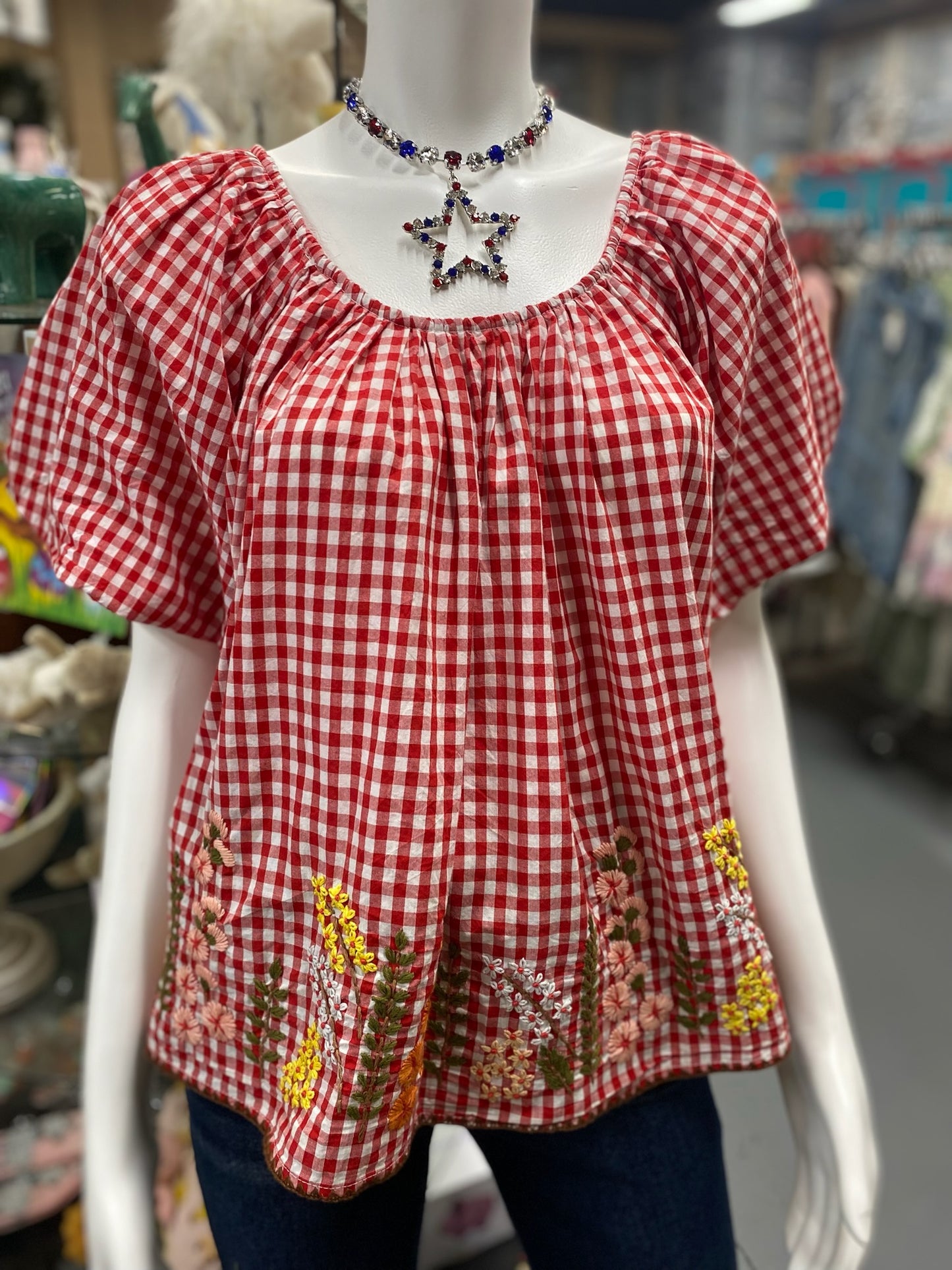 Gingham & Flowers Top with embroidery