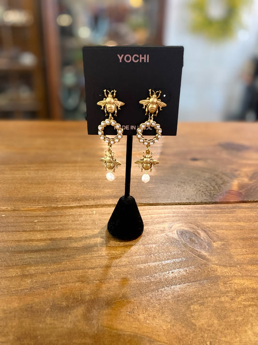 Gold Pearl Bee Dangle Earrings