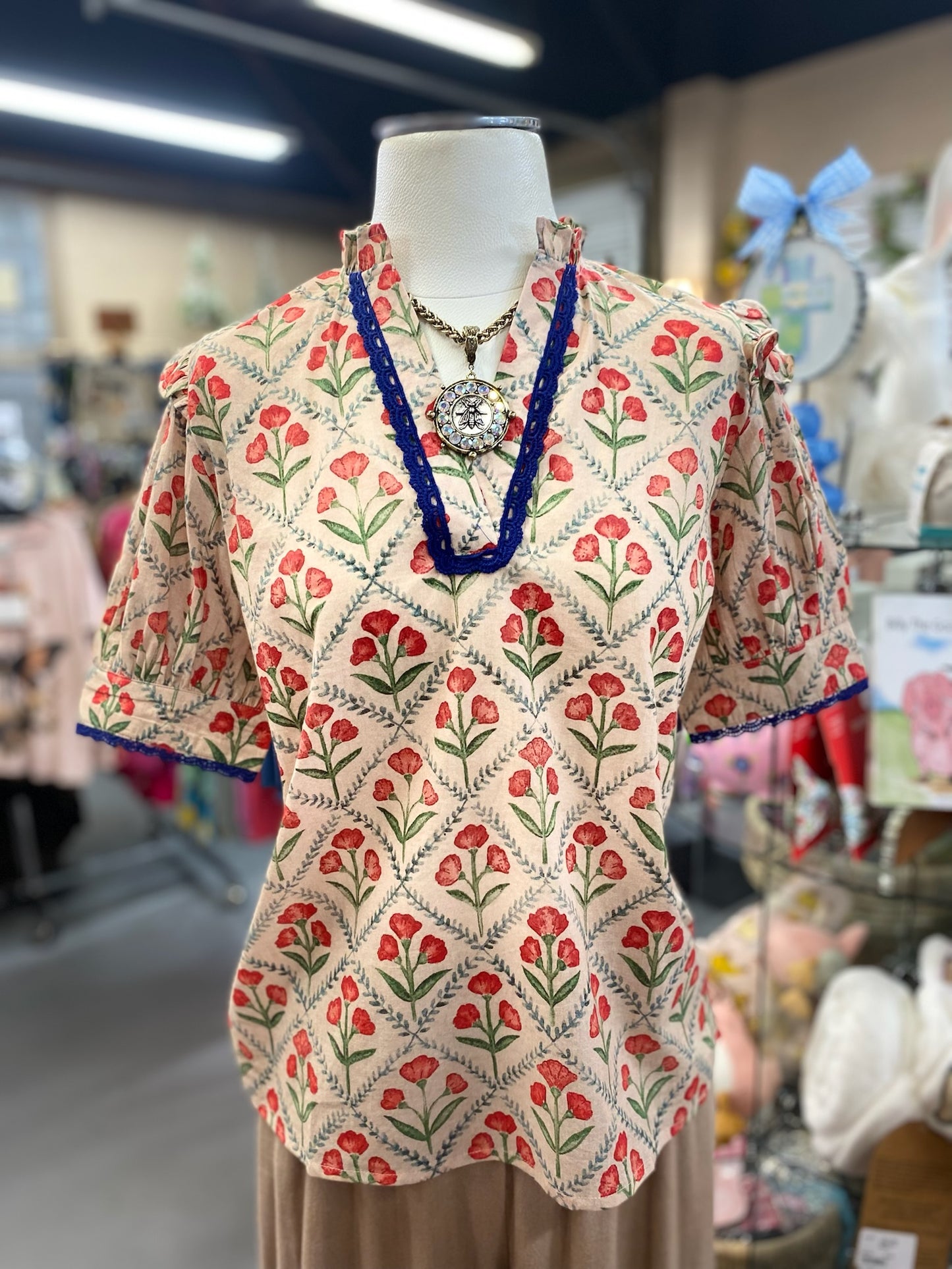 Haley Top Red Floral with Royal Blue Lace