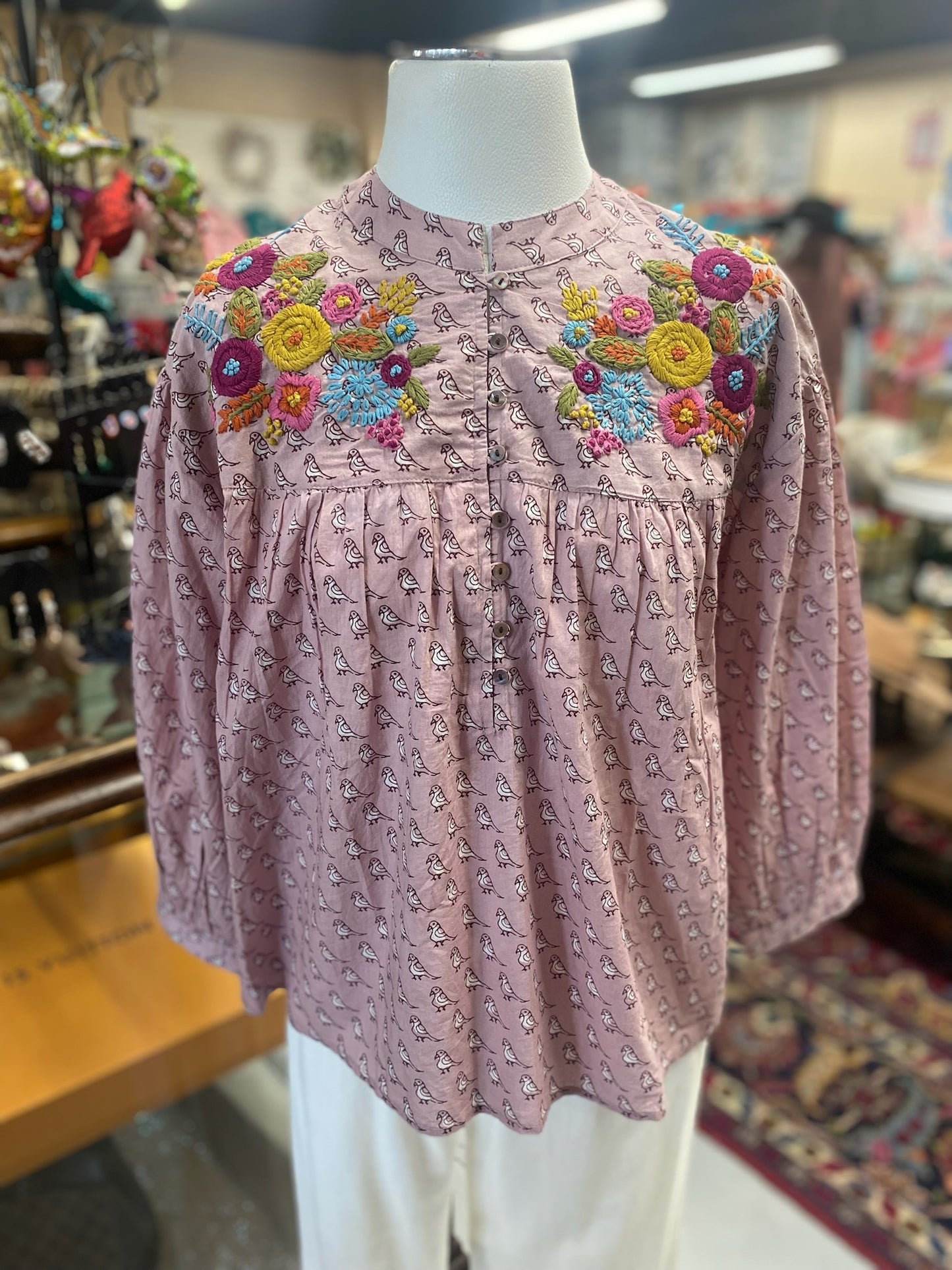 Edna Plum Bird Top with Embroidery