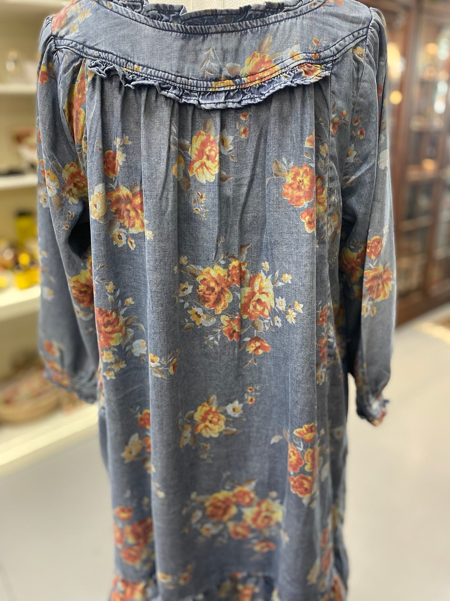 Washed Denim Floral Dress with Pockets