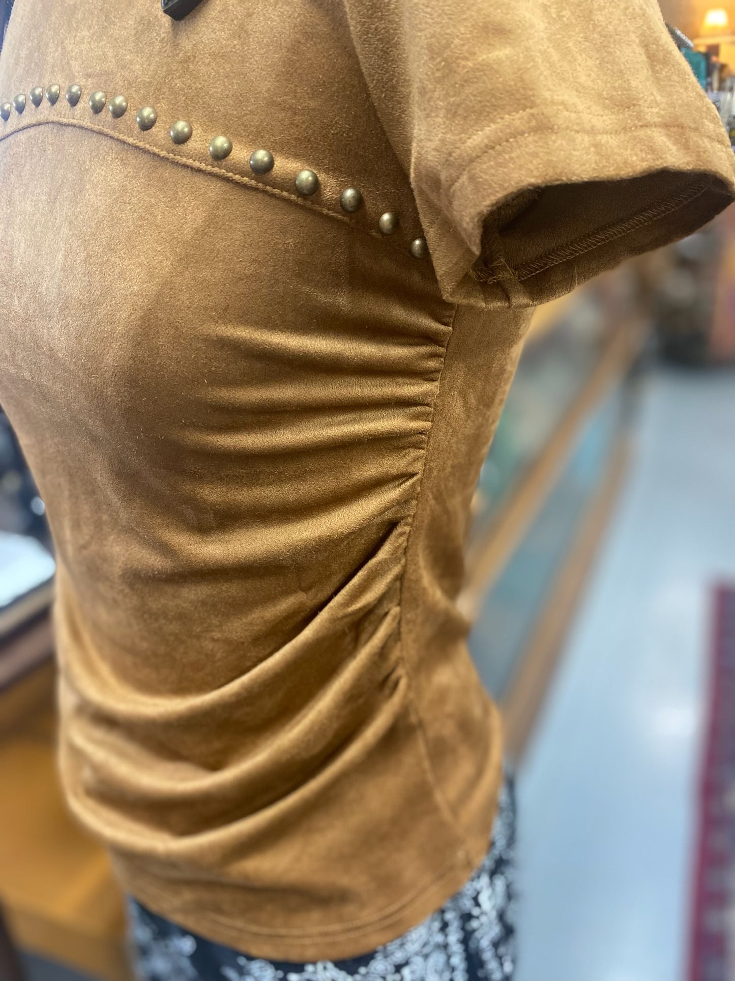 Suede Western Buckle Top in Camel