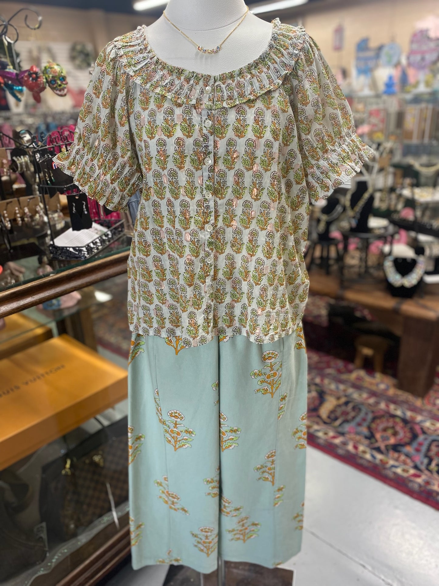 Print Barrel Pant in Aqua with pockets