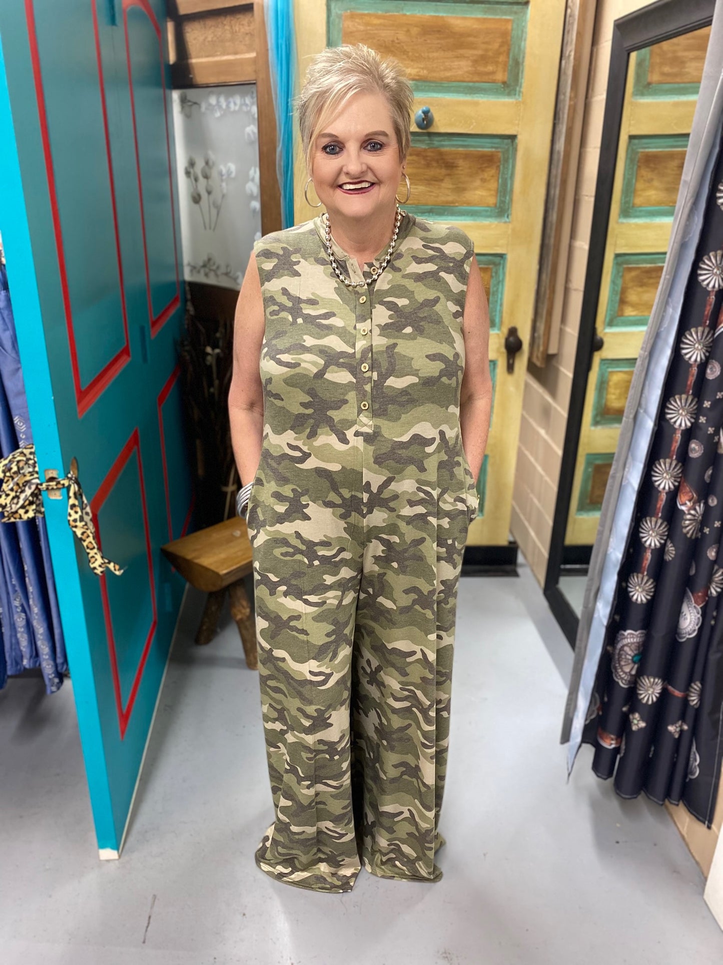Camo sleeveless with pockets jumpsuit
