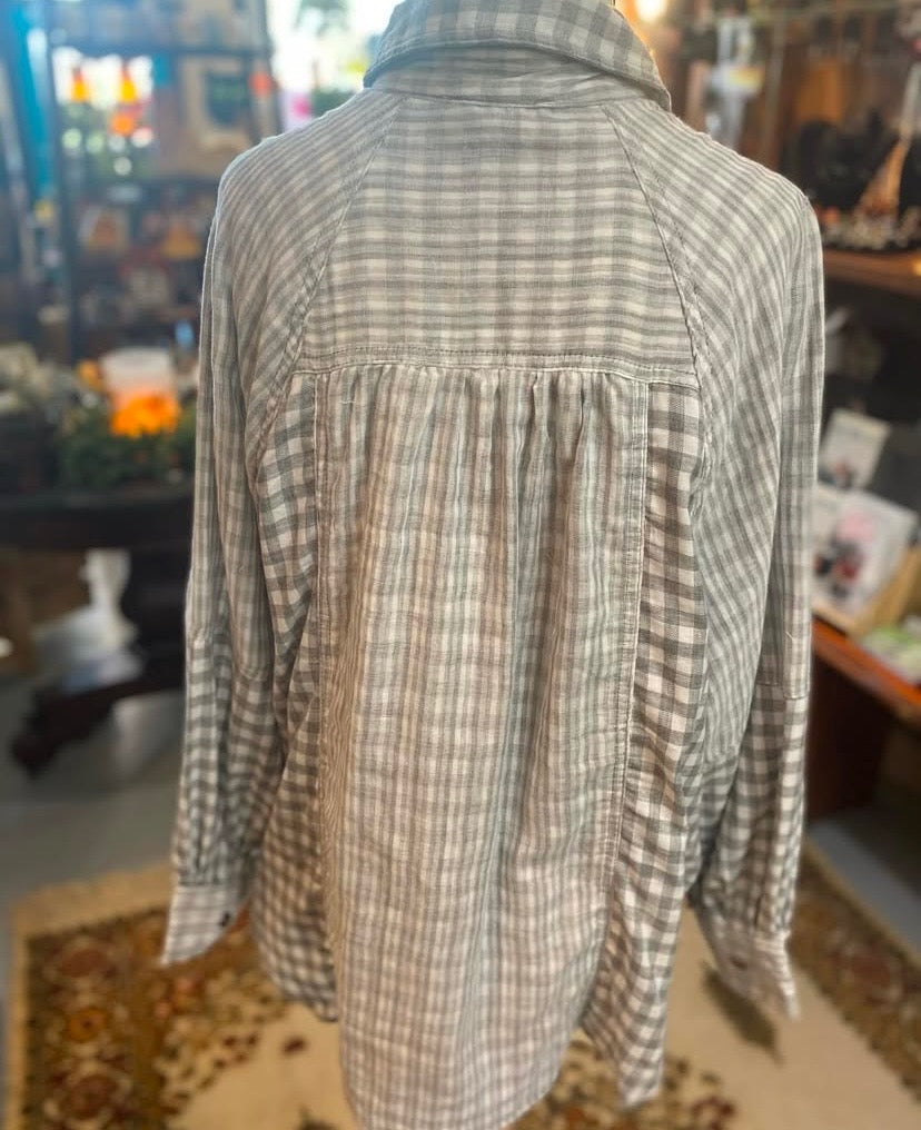 back view of gray cotton checkered button up top showing gathered detail
