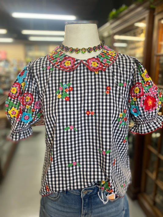 Gingham Garden Top with Embroidery
