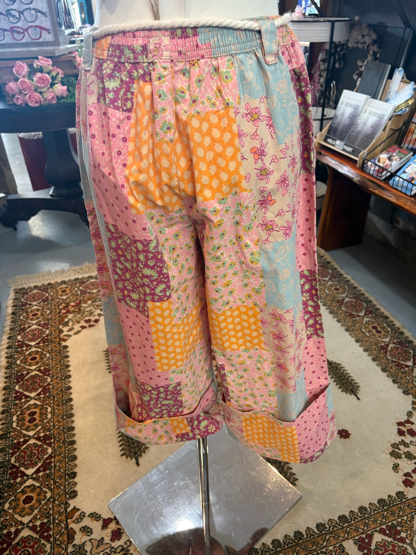 Patchwork Printed Wide Leg Pants with elastic waist with detachable belt and pockets ￼