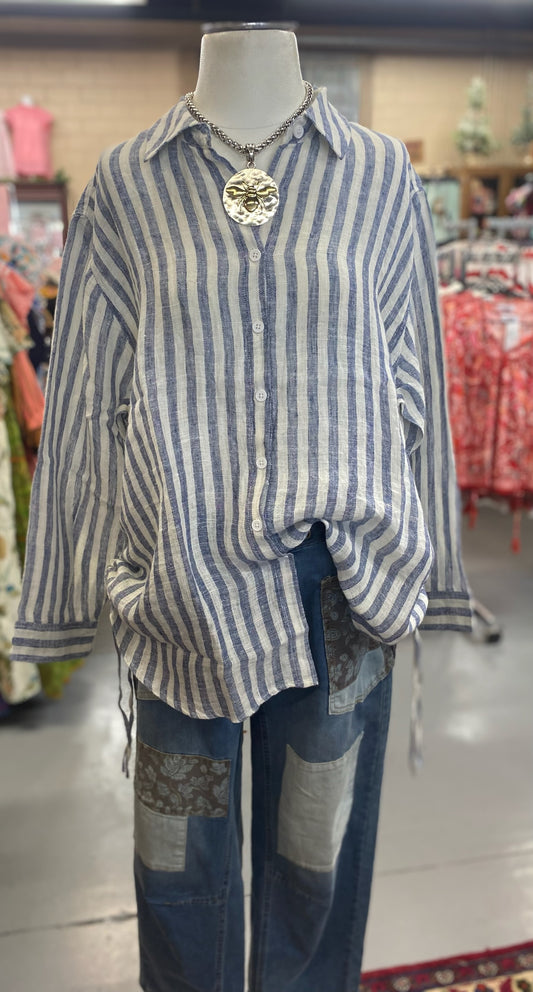 Navy Stripe Top with cinch on the side