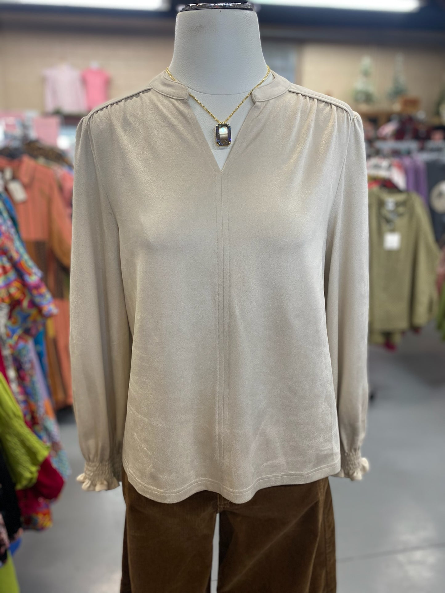Long Sleeve Suede Top in Ivory