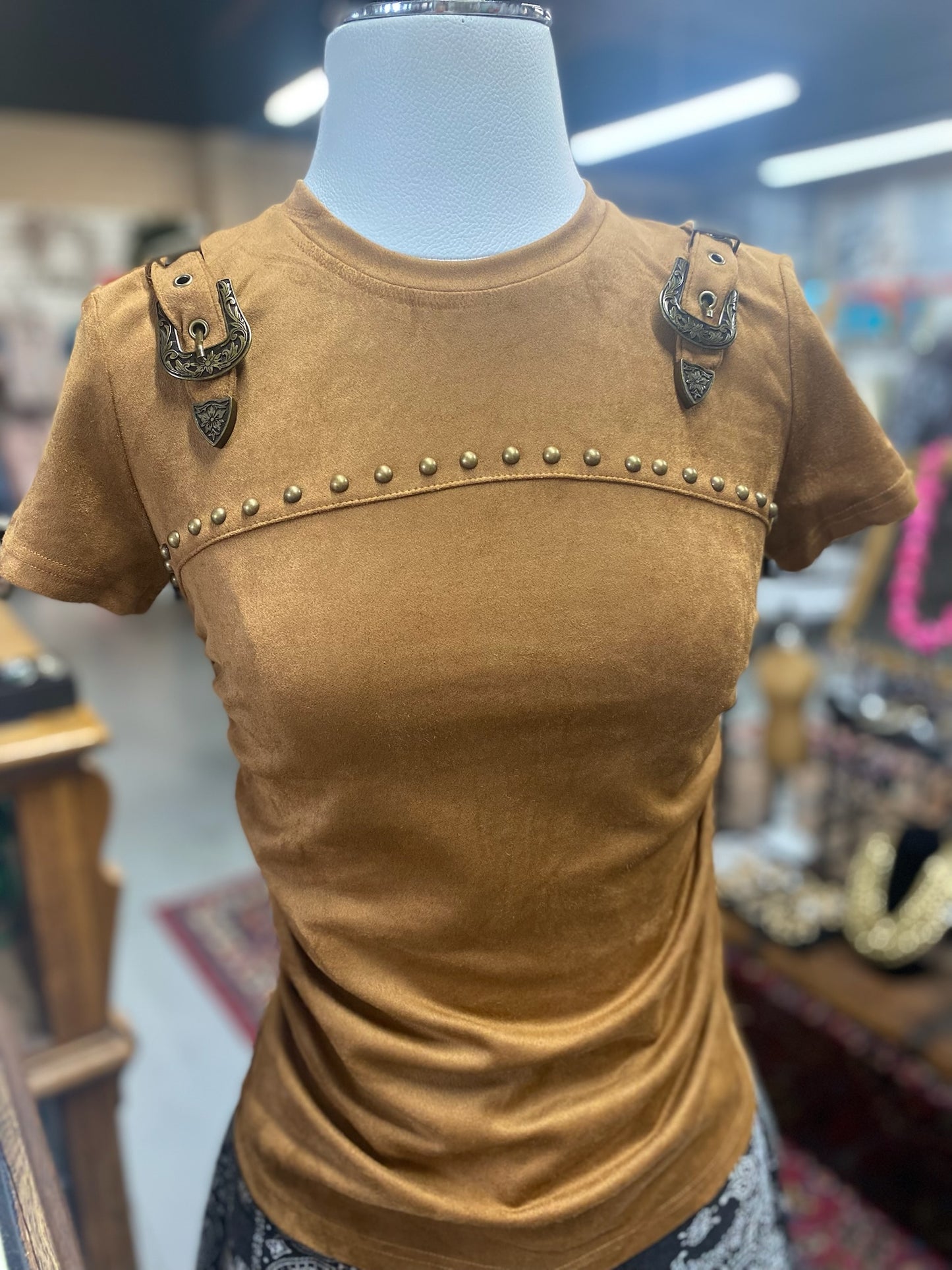 Suede Western Buckle Top in Camel