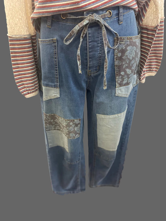 Patchwork Detailing Washed Denim with button closure and elastic waist band