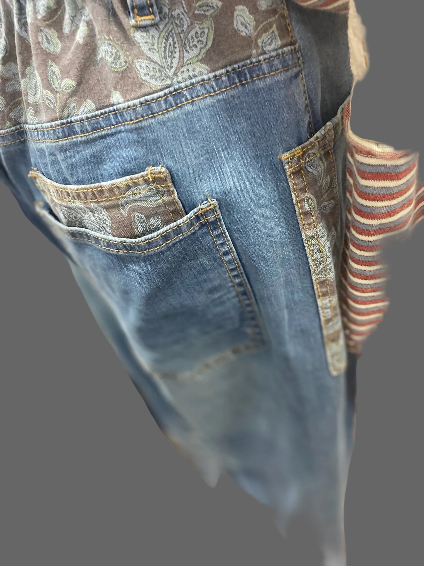 Patchwork Detailing Washed Denim with button closure and elastic waist band