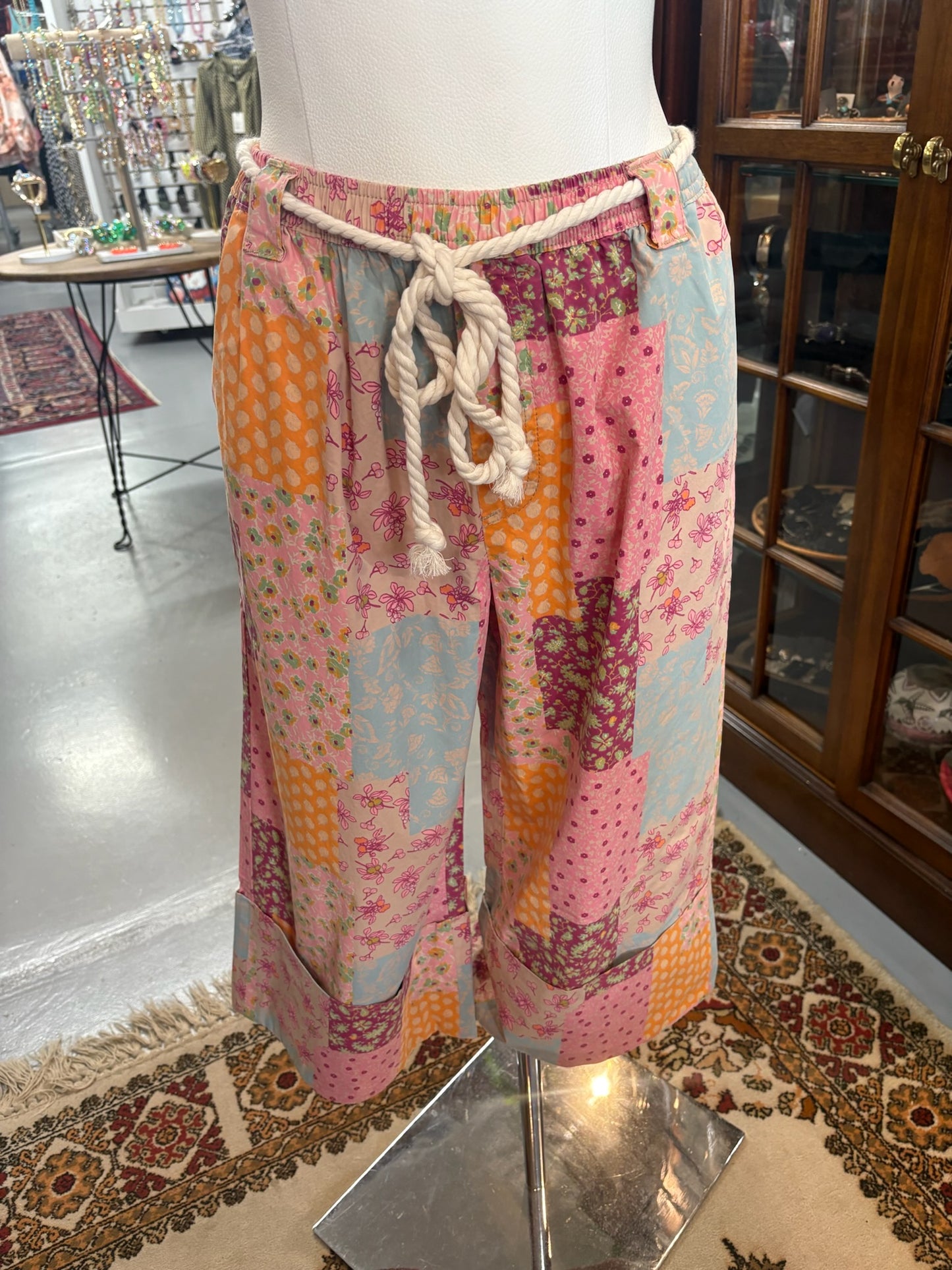 Patchwork Printed Wide Leg Pants with elastic waist with detachable belt and pockets ￼