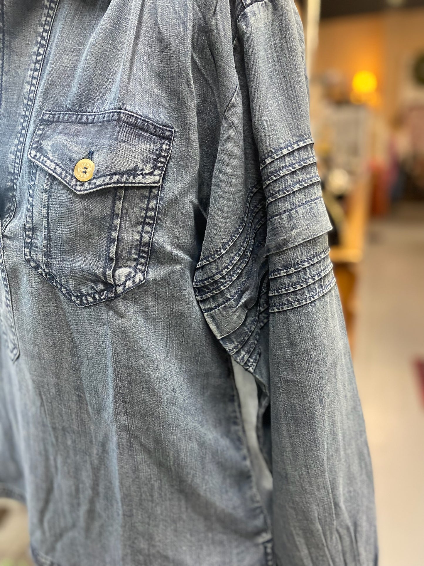 Tuck Sleeve Popover Top in Denim