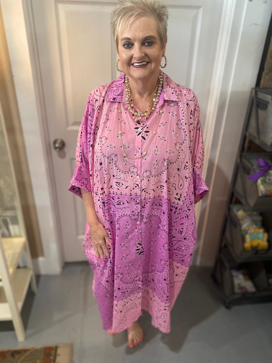 Bandana Print Dress in Pink with Pockets