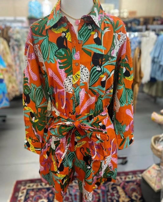 Tropical Shirt Style Romper with Pockets and removable belt