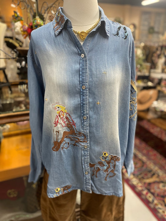 Western Denim Button Down with Embroidery