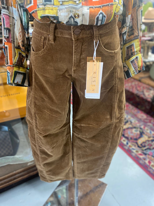 Risen Slouchy Ankle Barrel Corduroy Jeans in Brown