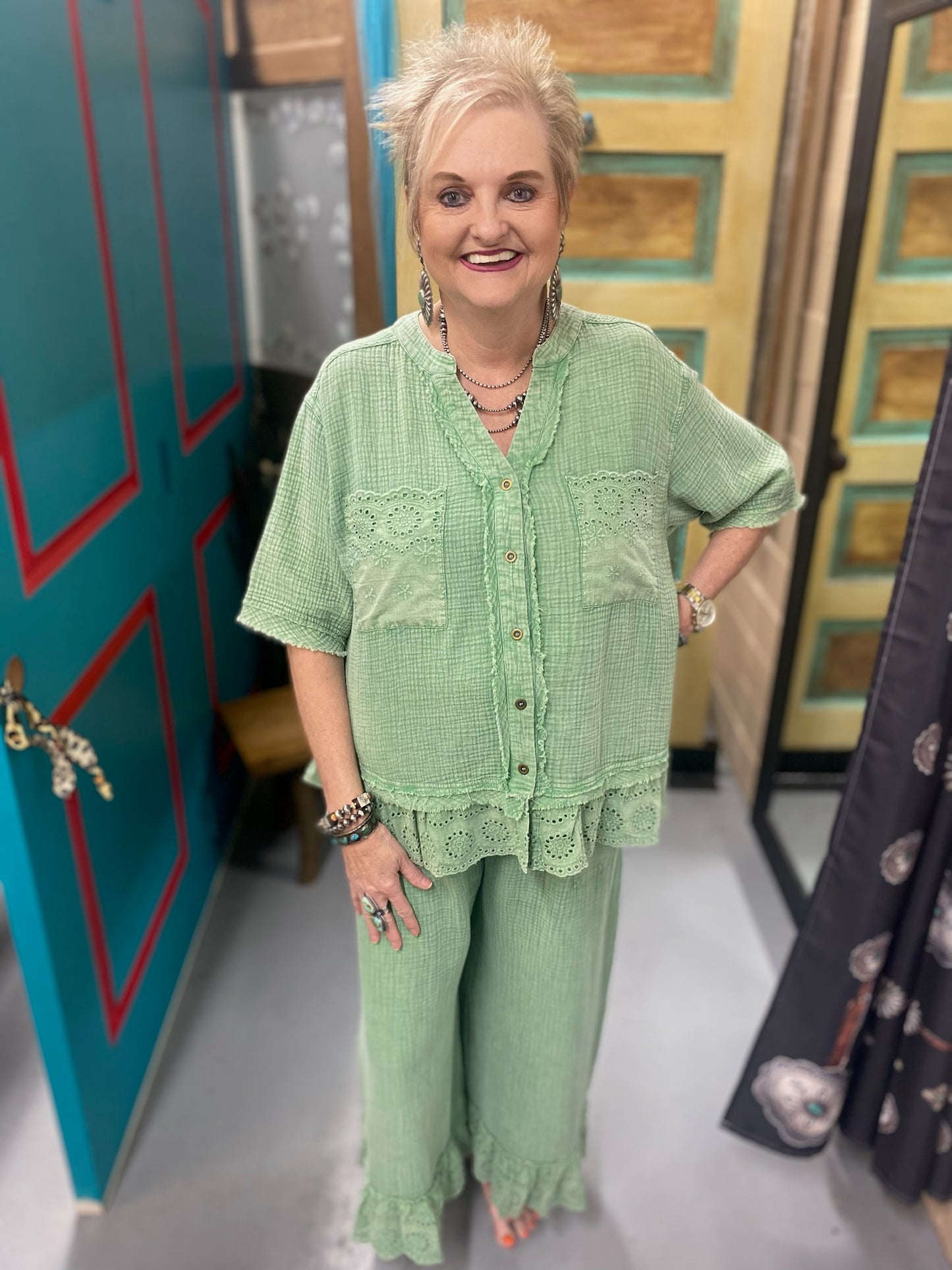 Jo Jo Top Button down with Pockets and Eyelet details