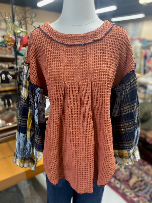 Tammy Top in Rust patch sleeves with Flannel wooden buttons