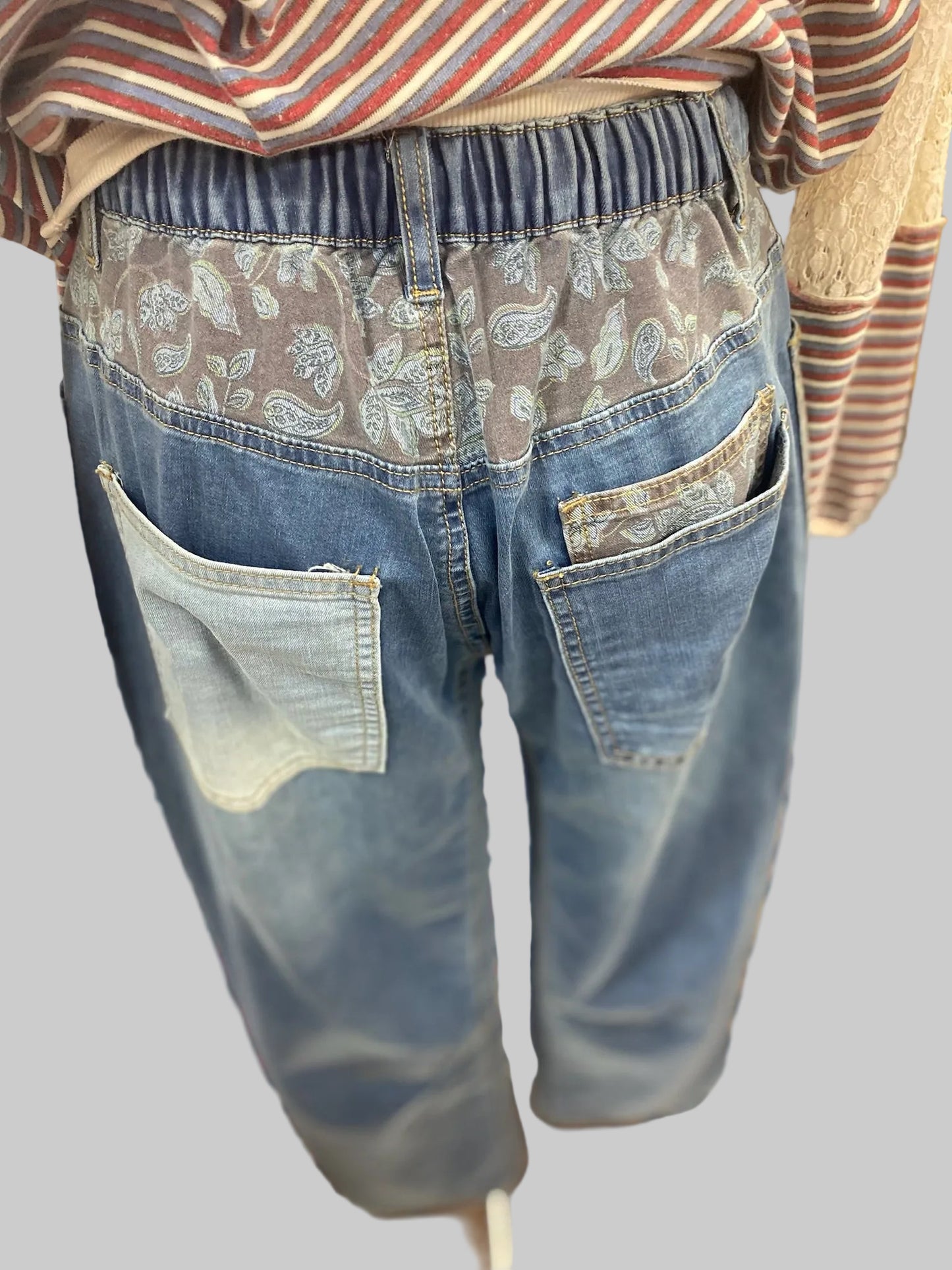 Patchwork Detailing Washed Denim with button closure and elastic waist band