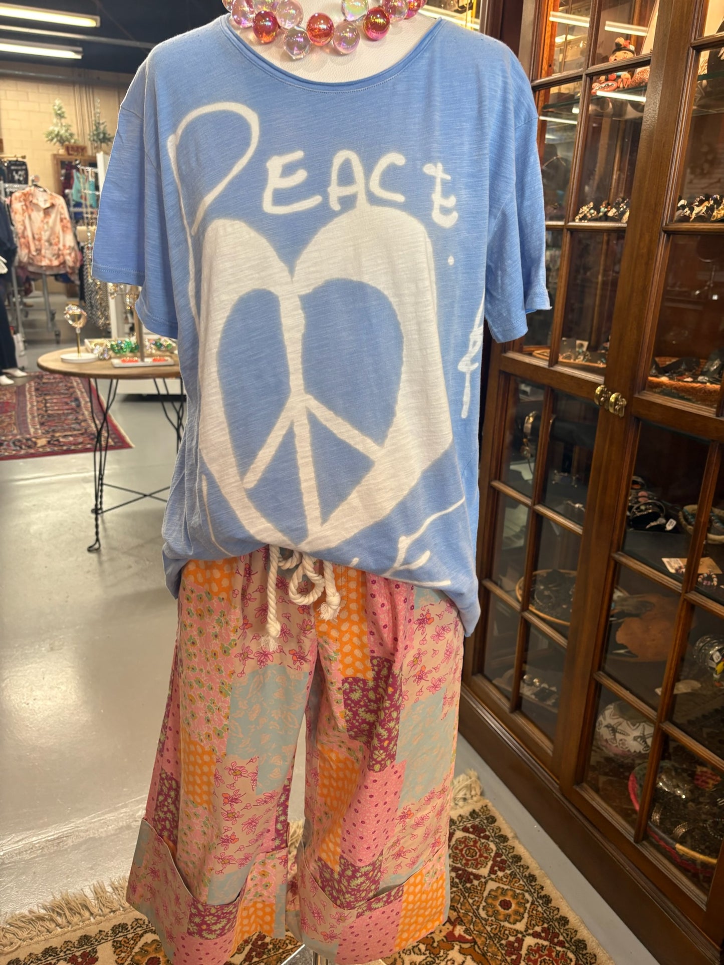 Patchwork Printed Wide Leg Pants with elastic waist with detachable belt and pockets ￼