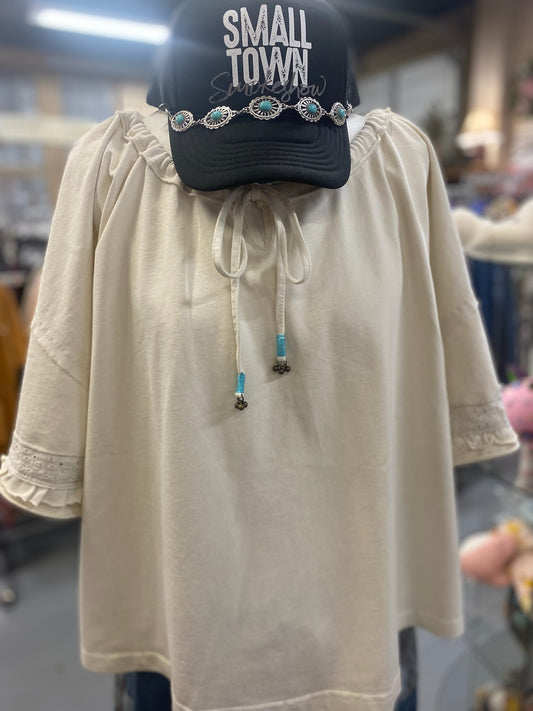 Nat Top in Natural with drawstring neck and eyelet details