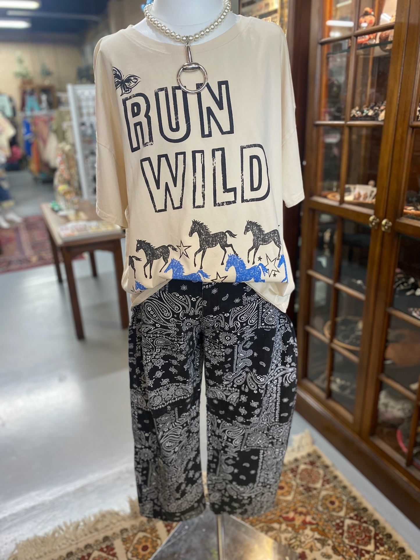 Bandana Print Denim Barrel Pants in Black