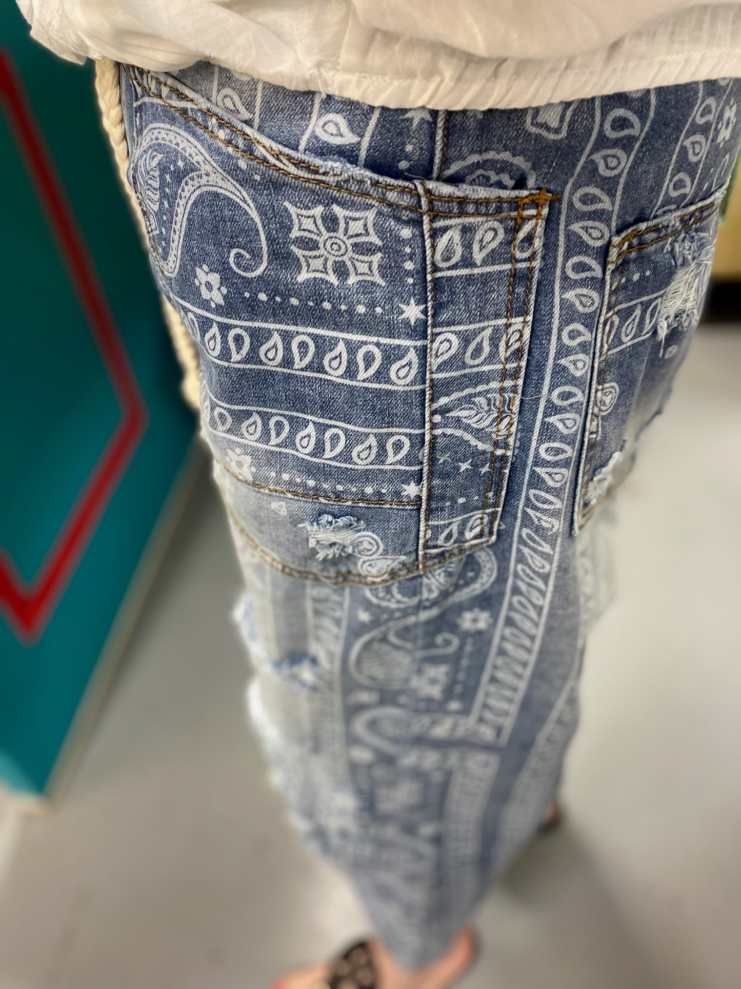 Washed Paisley Denim Pants