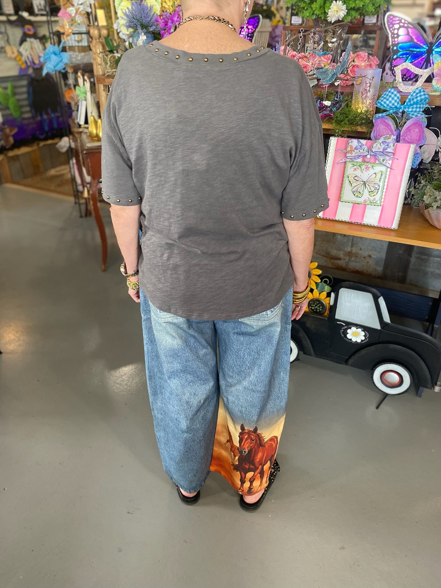 Horse Printed Barrel Denim Jeans