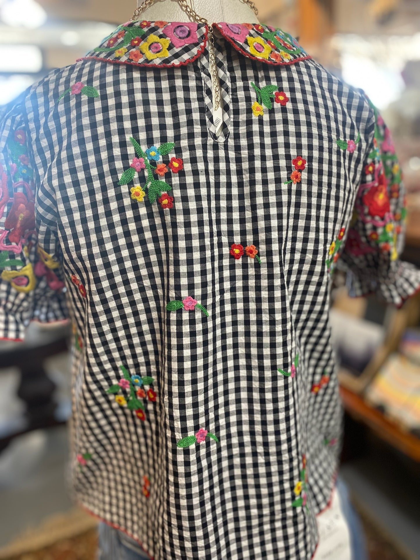 Gingham Garden Top with Embroidery