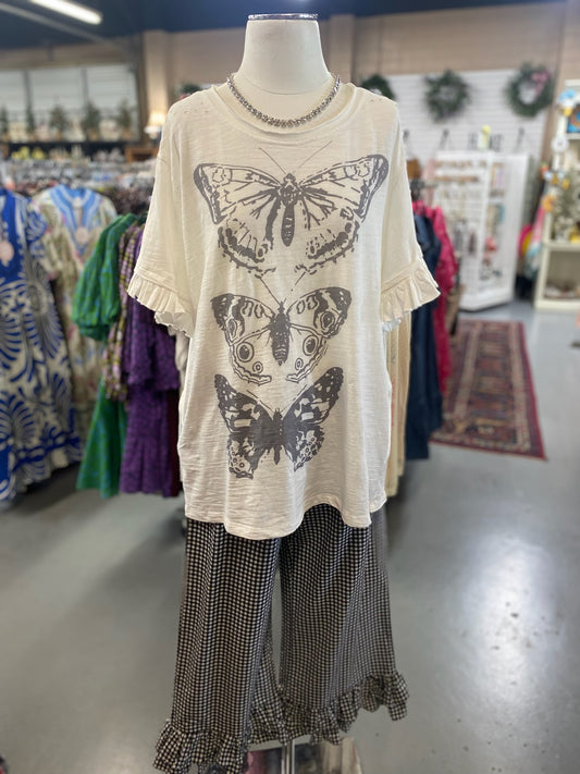 Ruffle Butterfly Top with distressing on the shoulders and pockets