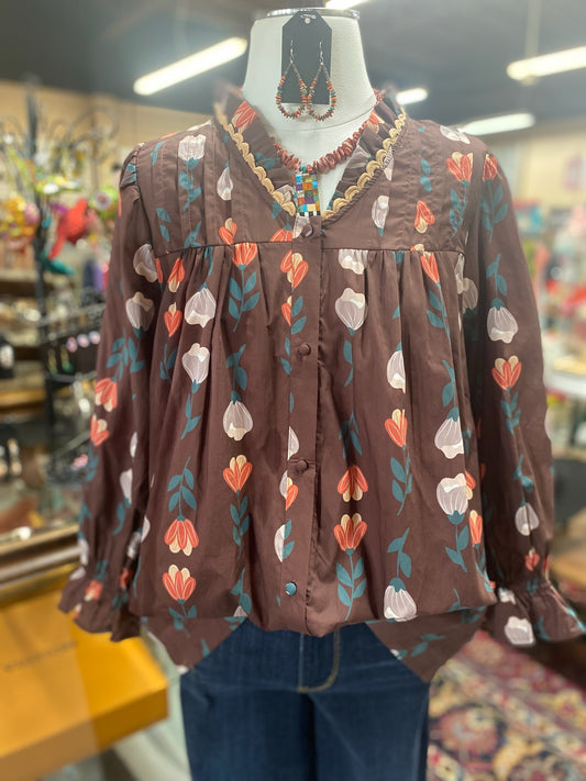 Floral Brown Mix Top