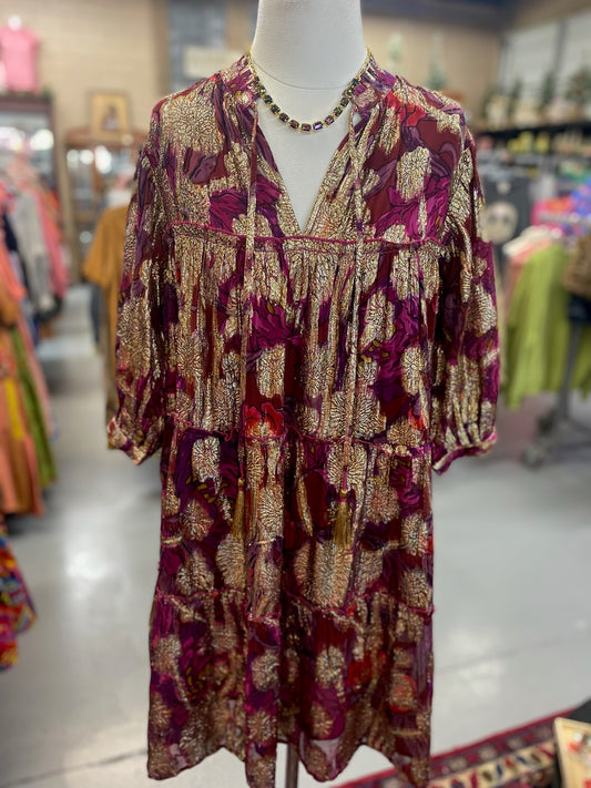 Metallic Print Dress in Wine