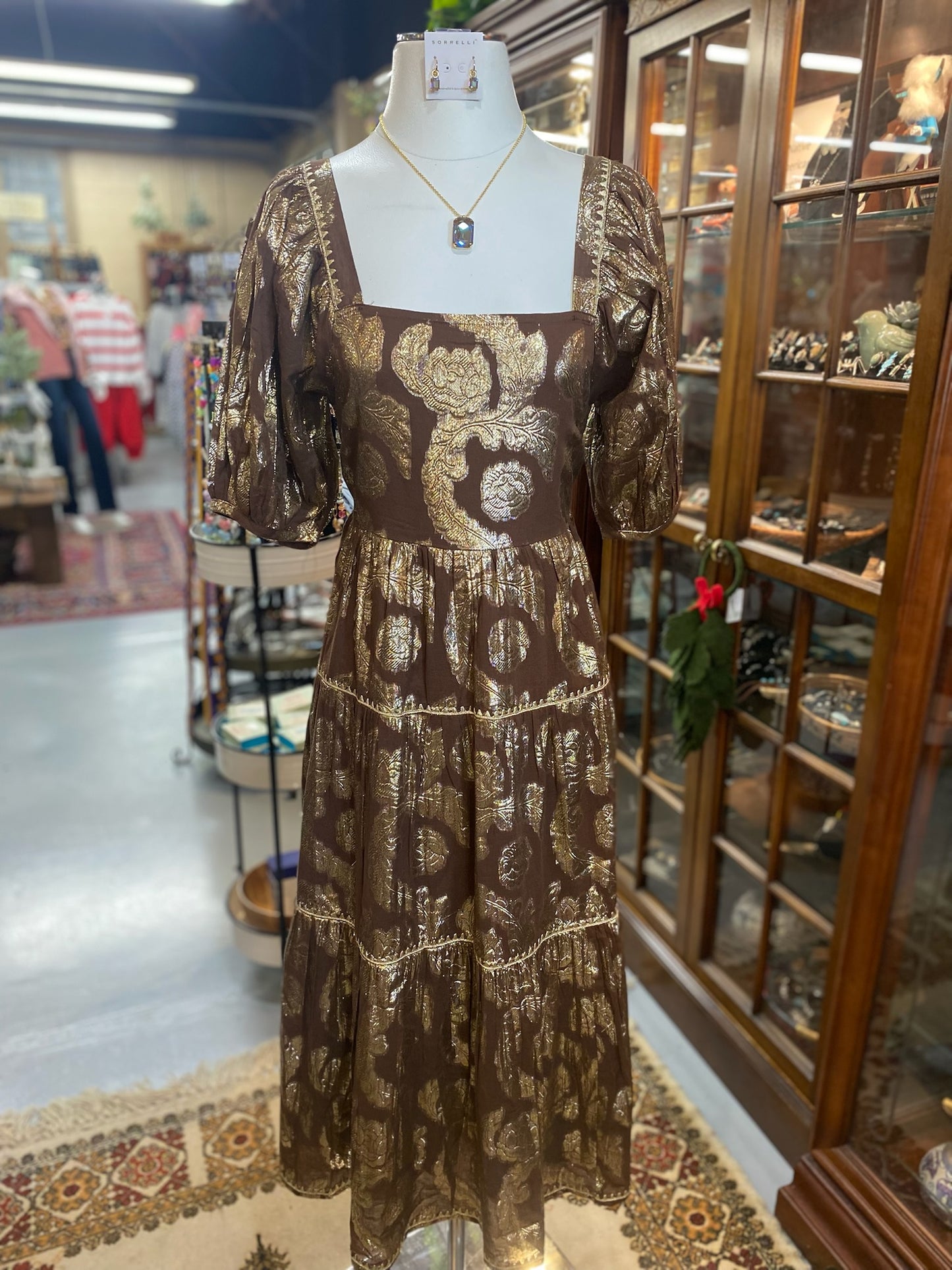 Metallic Roses Midi Dress with Pockets