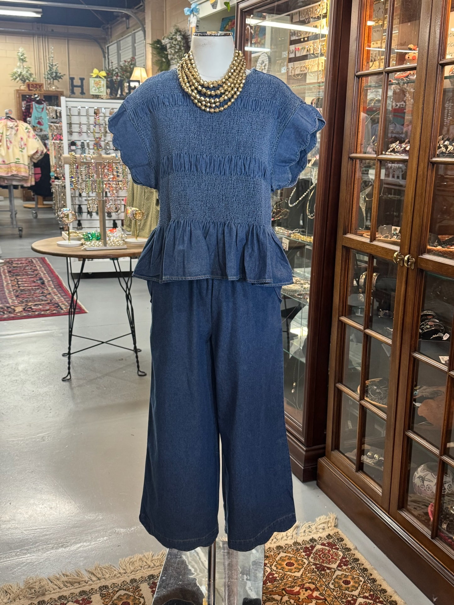 Chambray Scalloped Smocked Top