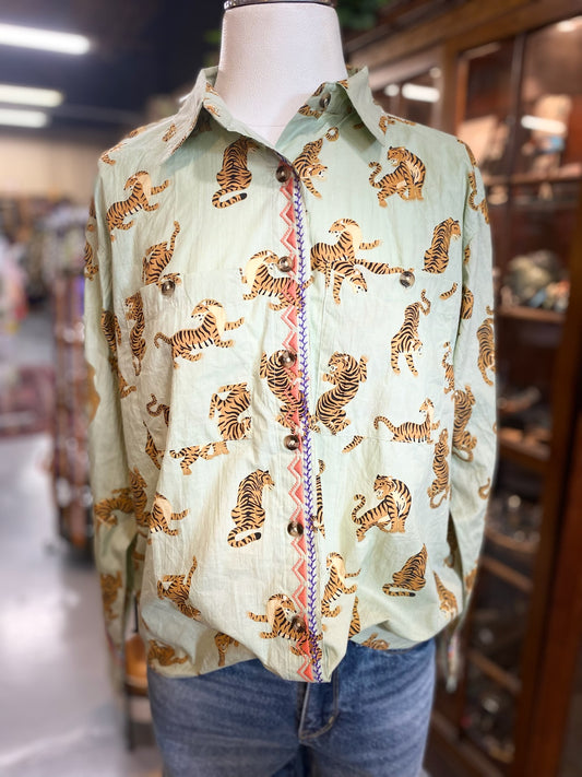 Tiger Embroidered Camp Shirt